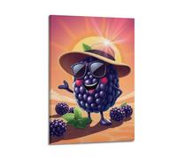 Poster con frutta, motivo: Anthro, mora, cappello di paglia, sfumature nere, bacche, poster artistico da parete su tela, per soggiorno e camera da letto, 40 x 60 cm, con cornice