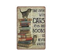 Poster con gatti - Il tempo trascorso con gatti e libri non è mai sprecato Targa in metallo Divertente Targa in metallo vintage Targa Poster Arte da parete Pub Bar Cucina Giardino Bagno Decorazioni pe