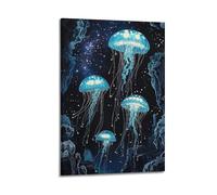 Poster con immagine decorativa su tela, motivo: animali marini, notte stellata, meduse, sogno, 60 x 90 cm