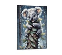 Poster con koala con animali della foresta al chiaro di luna con fauna selvatica australiana e dettagli stellati su tela decorativa per camera da letto per la famiglia (60 x 90 cm)