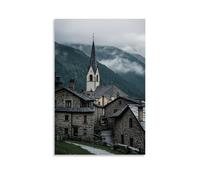 Poster con paesaggio con una torre della chiesa e un po 'di erba verde, decorazione artistica da parete, decorazione moderna, poster artistico da appendere, 40 x 60 cm