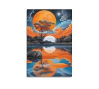 Poster con paesaggio, tardo autunno, alberi e luna riflessa sui toni arancioni, lago, nuvole, poster decorativo da parete su tela e decorazione moderna per la camera da letto (50 x 75 cm)
