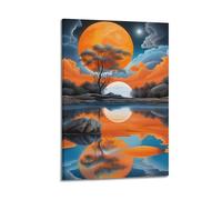 Poster con paesaggio, tardo autunno, alberi e luna riflessa sui toni arancioni, lago, nuvole, poster decorativo da parete su tela e decorazione moderna per la camera da letto (50 x 75 cm)