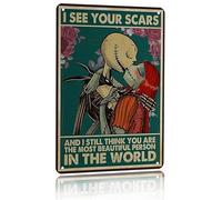 Poster con parole ispiratrici di Jack Skeleton e Sally I See Your Scars and Still The Most Beautiful Person, targa in metallo retrò per bar, club, fattoria, magazzino, fienile, 20 x 30 cm