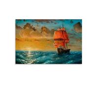 Poster con pittura a inchiostro Scarlet Sail on the Waves, arte vintage, tela da parete, decorazione estetica, soggiorno, camera dei bambini, dormitorio, bar, bagno, adatto per camera da letto
