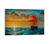 Poster con pittura a inchiostro Scarlet Sail on The Waves, arte vintage, tela da parete, decorazione estetica, soggiorno, camera dei bambini, dormitorio, bar, bagno, adatto per camera da letto