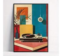 Poster con stampa di giradischi in vinile di metà secolo - Dipinto a tema musicale, arte murale su tela retrò per la decorazione del soggiorno (70x110 cm/senza cornice)