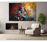 Poster con stampa di un Signore con flauto, dipinto su tela di un dio indù indiano, ritratto artistico da parete, per soggiorno, opera d'arte per la decorazione della casa (20x30 cm/cornice interna)