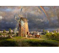 Poster Country Farm - Mulino a vento rustico e arte arcobaleno -...