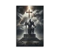 Poster cristiano medievale cavaliere statua sotto croce con fulmini illustrazione religiosa, squisiti dipinti moderni decorativi per la famiglia per soggiorno camera da letto stampe artistiche su tela