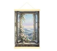 Poster da appendere alla finestra, decorazione da parete con fiori romantici e montagne verdi primaverili, stampe artistiche per soggiorno, dormitorio, dormitorio, appartamento, 50 x 71 cm