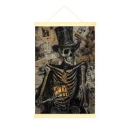 Poster da appendere alla parete con scheletro, decorazione da parete per Halloween, cappello a cilindro, lanterna, Halloween, nero, con cornice, decorazione per dormitorio universitario, soggiorno