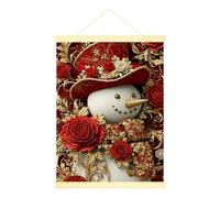 Poster da appendere alla parete, su tela, motivo: pupazzo di neve, decorazione natalizia con rose eleganti e cappello di Natale rosso, per appartamento, soggiorno, camera da letto, 30,5 x 40,6 cm