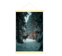 Poster da appendere su tela, motivo: cervi, natura invernale, alberi innevati, colore blu, da appendere con cornice, per soggiorno, dormitorio, appartamento, 40,6 x 61 cm
