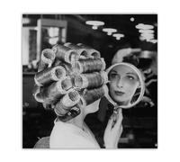 Poster da parete con acconciature vintage per barbiere, stampe e dipinti su tela con ragazza in bianco e nero e capelli ricci, immagine decorativa per salone di bellezza, 50x50 cm, senza cornice.