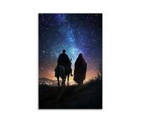 Poster da parete decorativo da appendere con Joseph che guida Maria su un asino sotto un cielo pieno di stelle, luci di Betlemme che brillano in lontananza come una profezia. Poster artistico