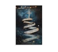 Poster da parete decorativo decorativo da appendere con pergamene ricoperte di scritture che sorgono da un lago e spirale verso una croce galleggiante mentre le stelle iniziano a cadere. Poster