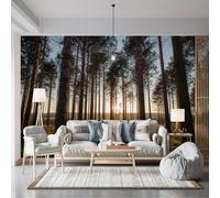 Poster da parete di dimensioni personalizzate, foresta serena, alba, tramonto, pino, motivo verticale, tessuto autoadesivo (senza PVC), carta da parati rimovibile per soggiorno, camera da letto