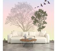 Poster da parete di dimensioni personalizzate, sagoma di foresta pastello - cielo nebbioso dell'alba e cinque uccelli, tessuto autoadesivo da parete (senza PVC), carta da parati rimovibile per