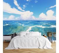 Poster da parete di dimensioni personalizzate, scena oceanica serena sotto un cielo blu brillante con nuvole soffici e onde turchesi, tessuto autoadesivo (senza PVC), carta da parati rimovibile per