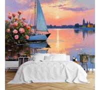 Poster da parete di dimensioni personalizzate, Serene River Sunset barca a vela rose skyline cittadino, tessuto autoadesivo (senza PVC), carta da parati rimovibile per soggiorno, camera da letto