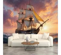 Poster da parete di dimensioni personalizzate, storia marittima classica, viaggio al tramonto con nave a vela, tessuto autoadesivo (senza PVC), carta da parati rimovibile per soggiorno, camera da