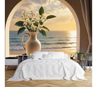 Poster da parete di dimensioni personalizzate, tramonto costiero sereno, vista sull'oceano, con brocca in ceramica bianca sul davanzale della finestra, tessuto autoadesivo (senza PVC), carta da parati