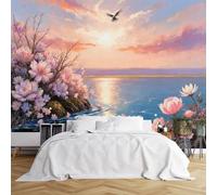 Poster da parete di dimensioni personalizzate, tramonto sereno sul lago, fiori rosa, scena impressionista, tessuto autoadesivo (senza PVC), carta da parati rimovibile per soggiorno, camera da letto