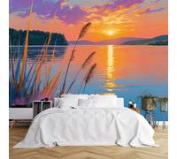 Poster da parete di dimensioni personalizzate, tramonto sul lago sereno con cielo caldo e riflessi dorati, tessuto autoadesivo (senza PVC), carta da parati rimovibile per soggiorno, camera da letto