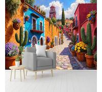 Poster da parete di dimensioni personalizzate, villaggio colorato illuminato dal sole con ciottoli e edifici pastello, carta da parati autoadesiva rimovibile, per soggiorno, camera da letto, negozio