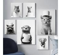 Poster da parete in bianco e nero Umorismo Animali Foto Deco Bagno Quadro Poster WC Art Poster Drole Toilette Pittura umoristica WC Tela Poster da parete Camera da letto Adulto Rigolo Divertente