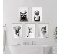 Poster da parete in bianco e nero Umorismo Animali Foto Deco Bagno Quadro Poster WC Art Poster Drole Toilette Pittura umoristica WC Tela Poster da parete Camera da letto Adulto Rigolo Divertente