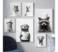 Poster da parete in bianco e nero umoristico animali foto Deco bagno 30 x 40 Poster WC Art Poster Drole Toilette Pittura umoristica WC Tela Poster da parete camera da letto adulto divertente