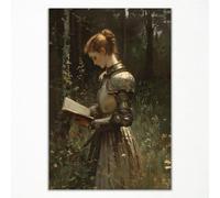 Poster da parete "Lady Knight Reading In The Forest", dipinto a olio "Donna con cavaliere" in stile vintage, poster fantasy medievale su tela, immagine Dark Academia con campo di fiori selvatici, 30 x
