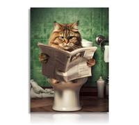 Poster da Parete per il Bagno, Gatto Divertente Seduto nella Toilette che Legge il Giornale, Stampe su Tela Verde Vintage Decorazione da Parete per la Toilette del Bagno 30x40 cm Senza Cornice