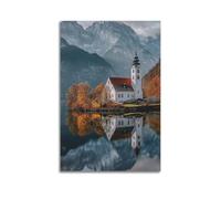 Poster da parete su tela con immagine di una chiesa di montagna e paesaggio con immagine di una chiesa di montagna, decorazione moderna per la camera da letto, 60 x 90 cm