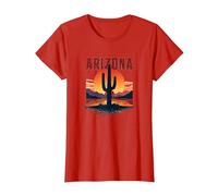Poster da Viaggio retrò con Cactus al Tramonto nel Deserto dell'Arizona Maglietta, Donna, Rosso, XS