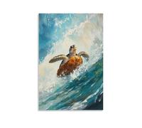 Poster decorativo da appendere alla parete, 40 x 60 cm, dipinto a olio con animali di una tartaruga che scorre attraverso rapide su un fiume selvaggio, acque schiumose che brillano sotto i cieli
