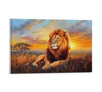 Poster decorativo da appendere alla parete con pittura ad olio, raffigurante un leone regale con criniera dorata che si crogiola al tramonto africano, dipinto con texture ad olio ricche, elegante
