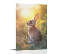 Poster decorativo da appendere alla parete con un coniglio accovacciato sotto la luce del mattino presto, incorniciato su uno sfondo salvia come un sussurro silenzioso. Poster decorativo artistico