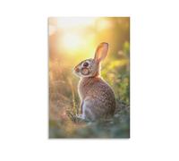 Poster decorativo da appendere alla parete con un coniglio accovacciato sotto la luce del mattino presto, incorniciato su sfondo salvia come un sussurro silenzioso. Poster decorativo artistico moderno