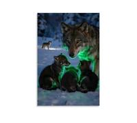 Poster decorativo da appendere alla parete, motivo: cuccioli di lupo che si nascondono tra le braccia della madre, luce verde tremolante nella notte innevata, con lupi che ululano in lontananza