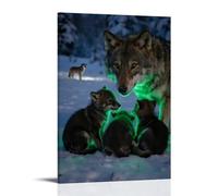 Poster decorativo da appendere alla parete, motivo: cuccioli di lupo che si nascondono tra le braccia della madre, luce verde tremolante nella notte innevata, con lupi che ululano in lontananza