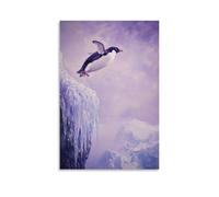 Poster decorativo da appendere alla parete, motivo: Pinguino che salta da scogliere ghiacciate nelle valli ghiacciate, a mezz'aria congelata contro un cielo pastello di lavanda. Elegante poster