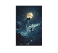 Poster decorativo da appendere con Gesù attraversa l'oceano al crepuscolo, raggiungendo un bambino che affonda sotto le onde illuminato dal chiaro di luna e pesci luminosi. Poster artistico decorativo