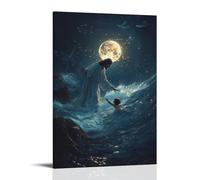 Poster decorativo da appendere con Gesù attraversa l'oceano al crepuscolo, raggiungendo un bambino che affonda sotto le onde illuminato dal chiaro di luna e pesci luminosi. Poster artistico decorativo
