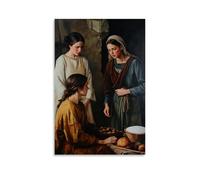 Poster decorativo da appendere con Gesù in piedi tra Marta e Maria, uno occupato con il dovere, l'altro silenzioso in soggezione, mentre il tempo sembra fermarsi intorno a loro. Decorazione artistica