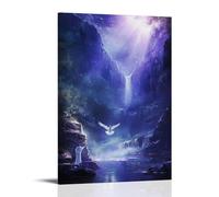 Poster decorativo da appendere con Giovanni Battista che battezza Gesù nel fiume Giordano, mentre il cielo parte e una colomba radiosa scende sulla scena. Poster decorativo da appendere in stile