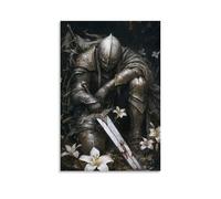 Poster decorativo da appendere con il cavaliere e la lama ai piedi di una croce spezzata, lacrime che cadono nella polvere dove i gigli iniziano a crescere. Decorazione artistica da appendere in stile