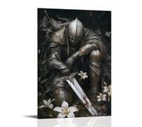 Poster decorativo da appendere con il cavaliere e la lama ai piedi di una croce spezzata, lacrime che cadono nella polvere dove i gigli iniziano a crescere. Decorazione artistica da appendere in stile